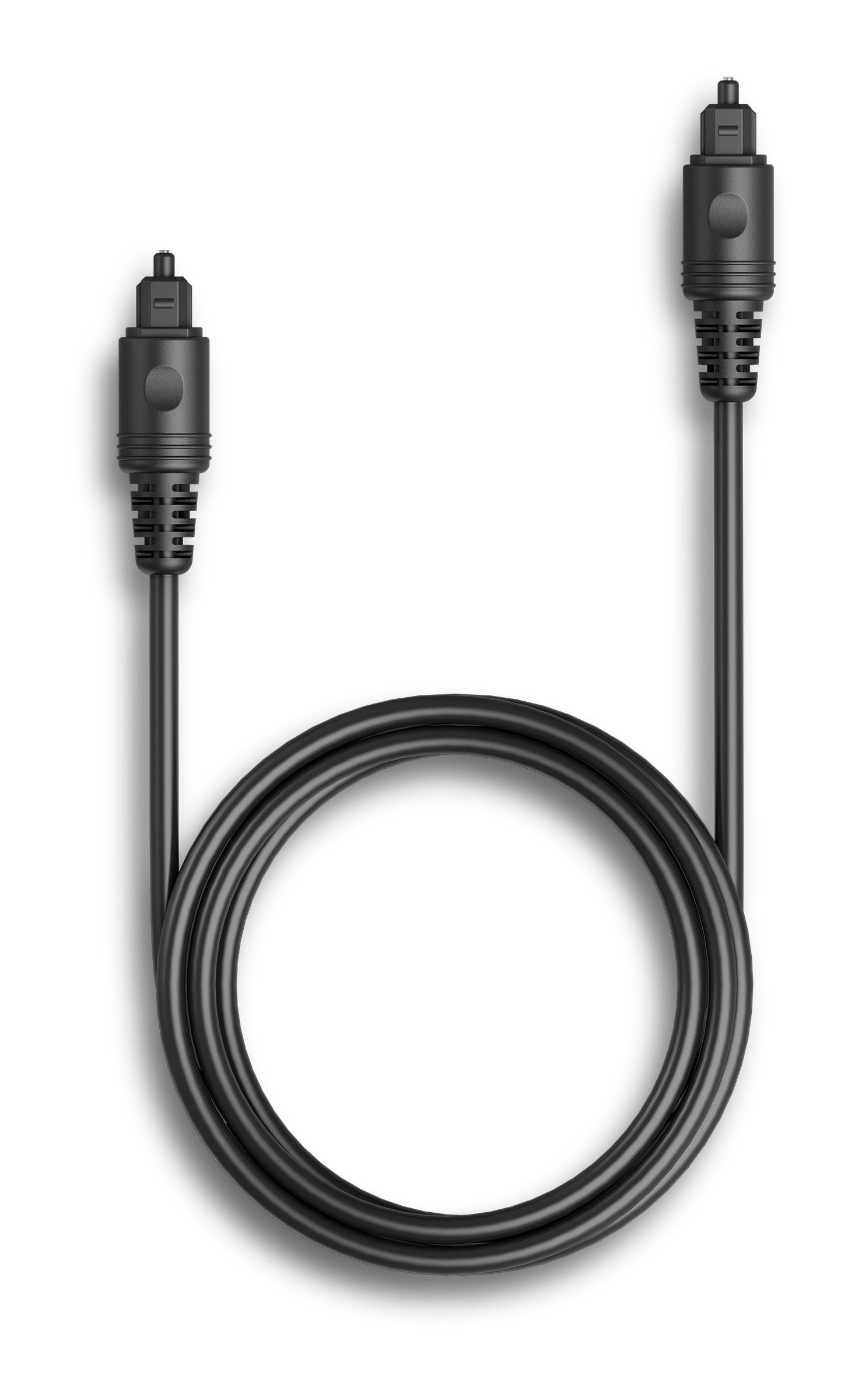 Ein schwarzes optisches Audiokabel, in einer Schleife aufgerollt. Es hat Anschlüsse an beiden Enden.