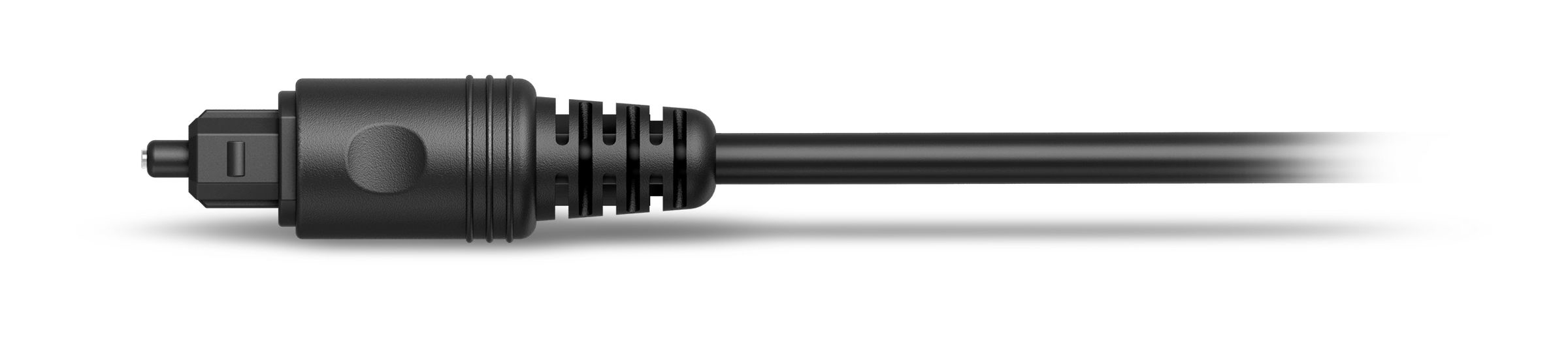 Ein schwarzes Glasfaserkabel mit Stecker links und verschwommenem Ende rechts.