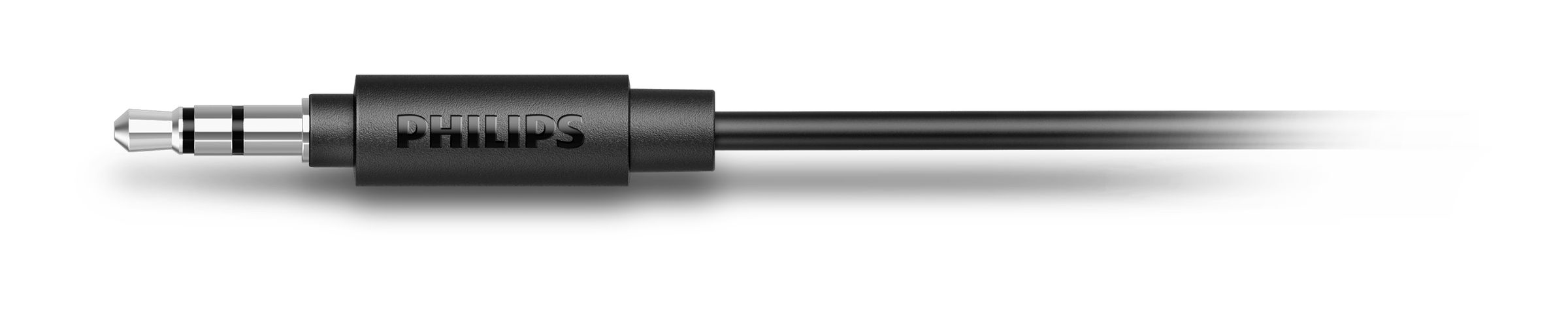 Ein schwarzer Audio-Klinkenstecker mit dem Wort 'PHILIPS' auf dem Stecker.