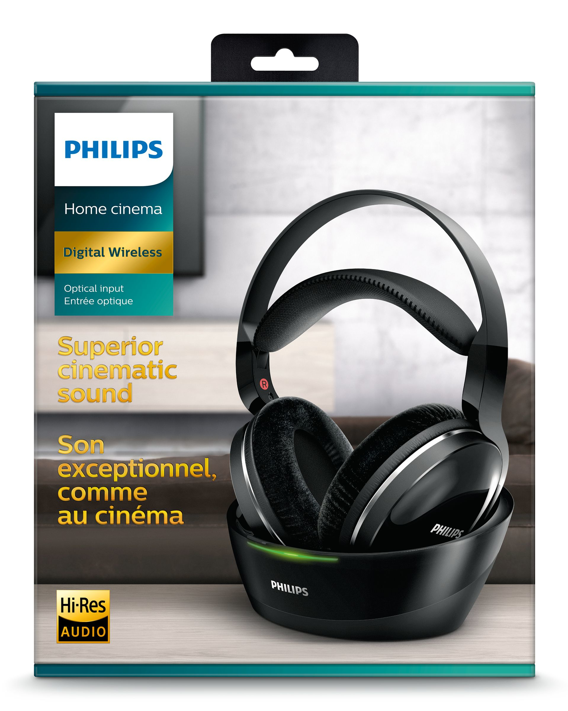 Eine schwarze und silberne Philips Home-Cinema-Wireless-Kopfhörerbox auf weißem Hintergrund.