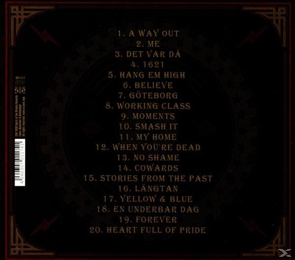 Albumcover mit Titelliste, dunkler Hintergrund. Text enthält Songtitel und Bandnamen.