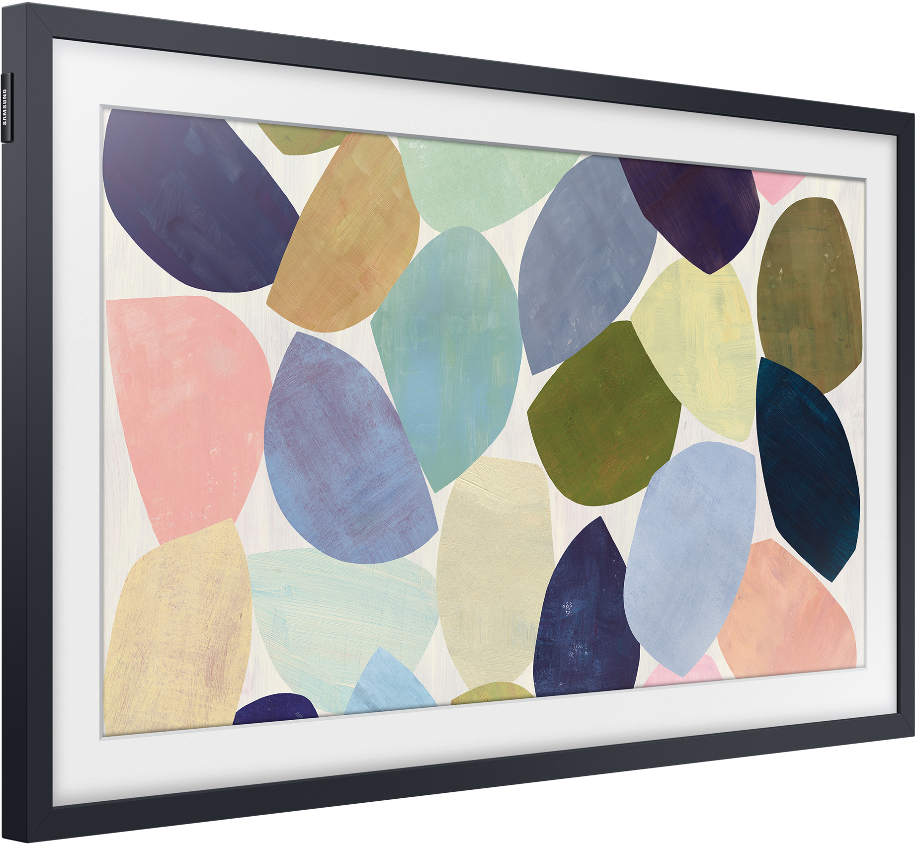 Gerahmtes Kunstwerk mit abstrakten Formen in Pastellfarben. Schwarzer Rahmen.