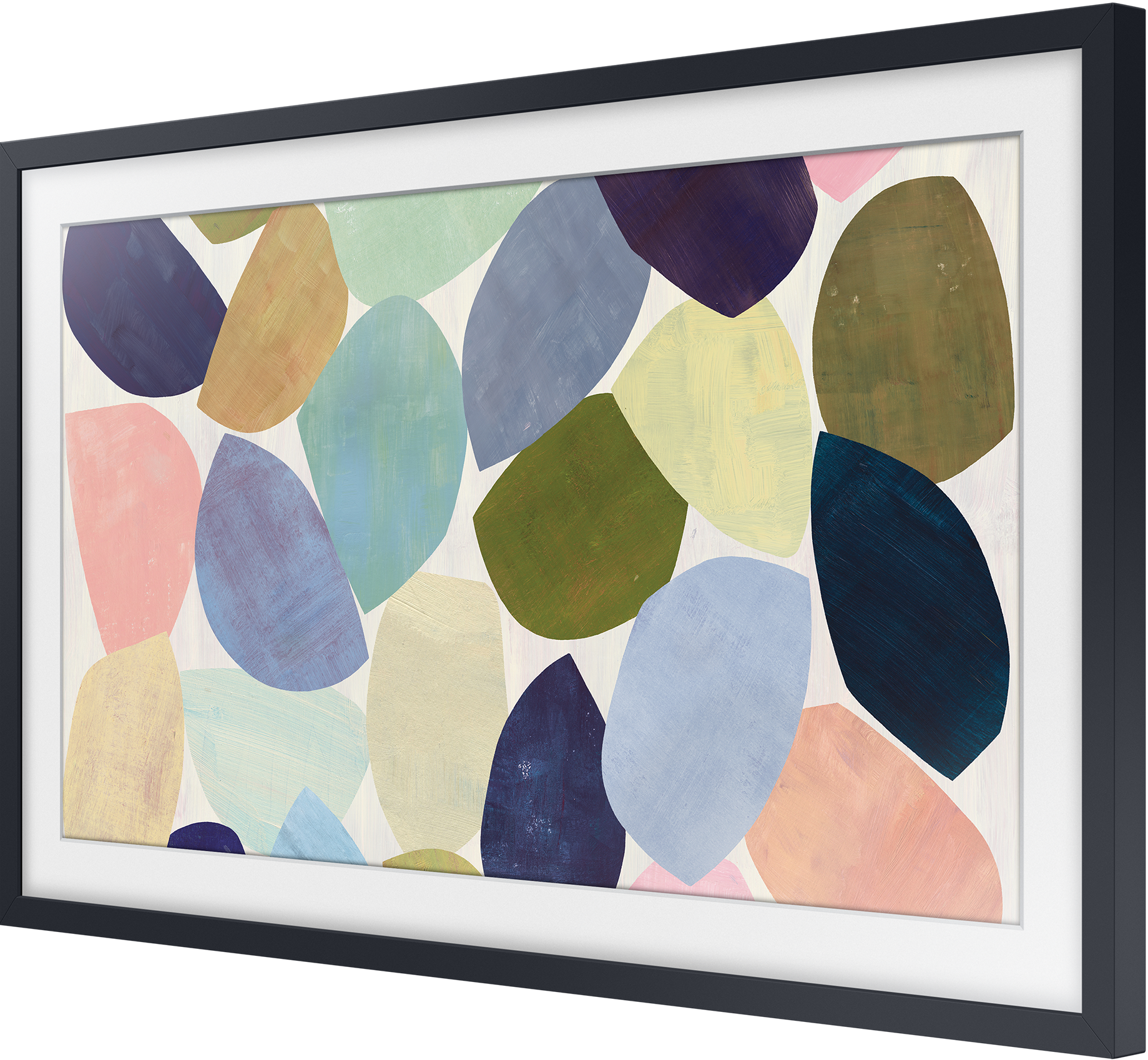 Große gerahmte Kunst mit bunten abstrakten Formen in verschiedenen Farben.