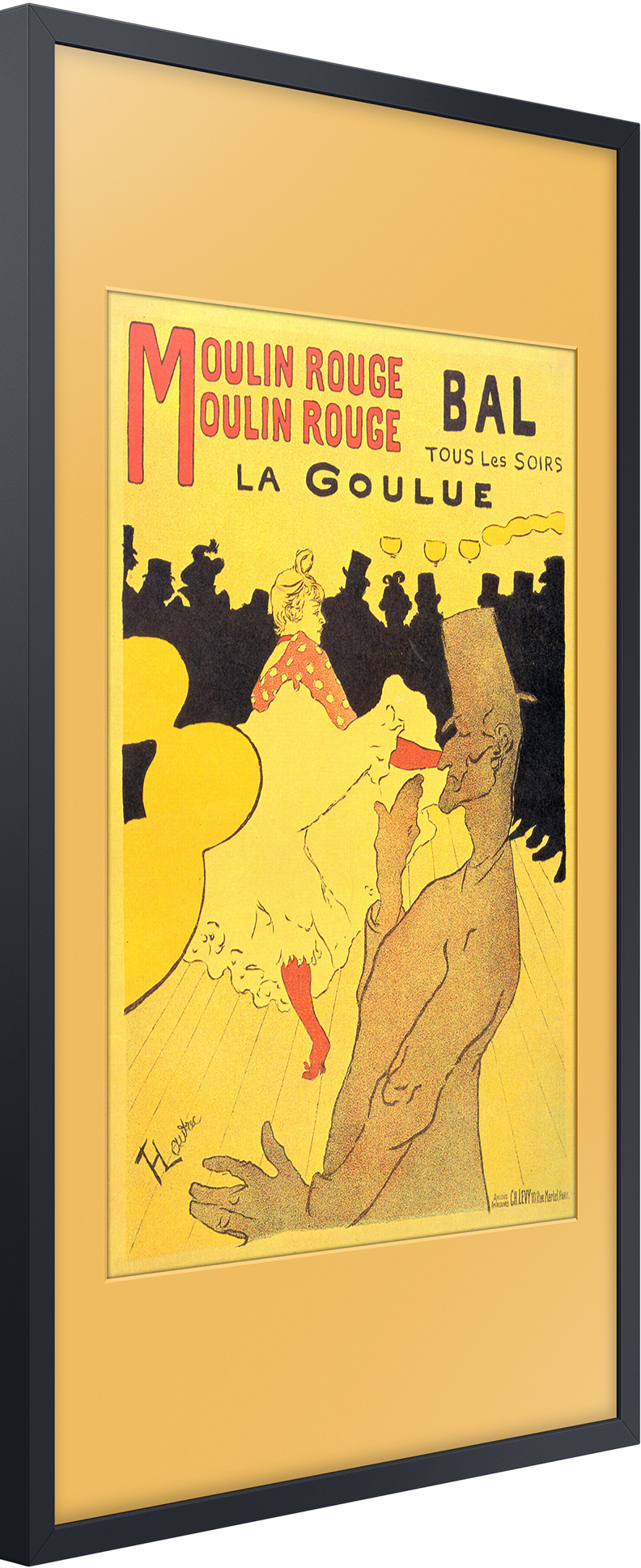 Ein gerahmtes Poster des Moulin Rouge mit Tänzern und Text.