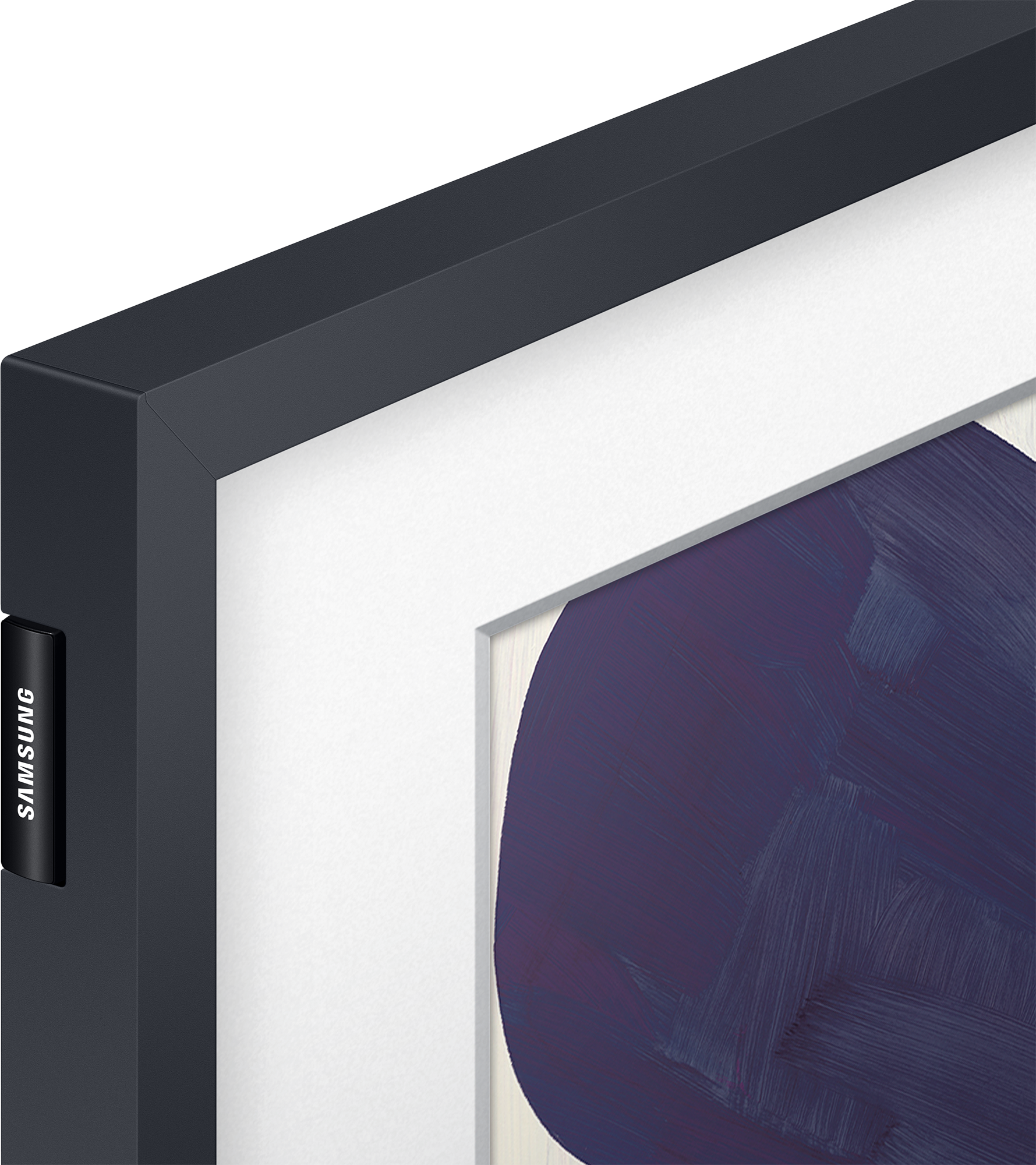 Nahaufnahme eines schwarzen TV-Rahmens mit weißem Rand und einem lila Kunstwerk.