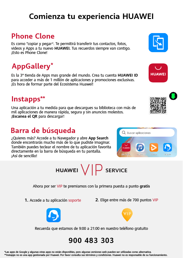Texto en español: funciones del teléfono Huawei, incluyendo AppGallery, Instapps, búsqueda.