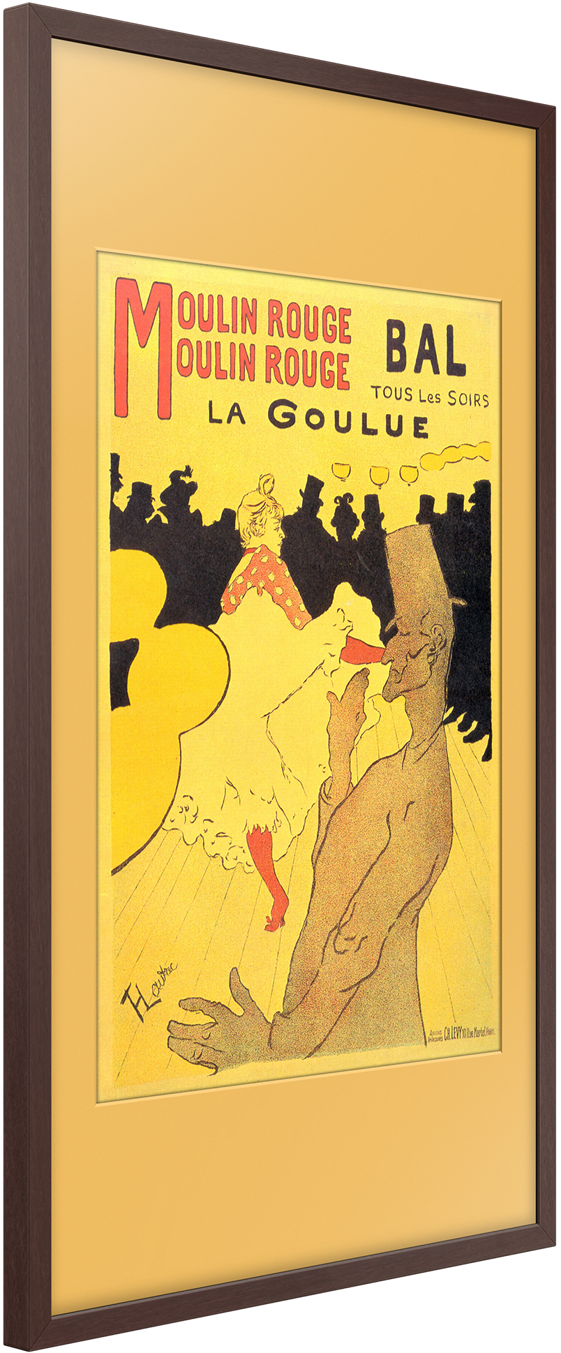 Kunstplakat für das Moulin Rouge. Menschen tanzen, mit Text auf Französisch.