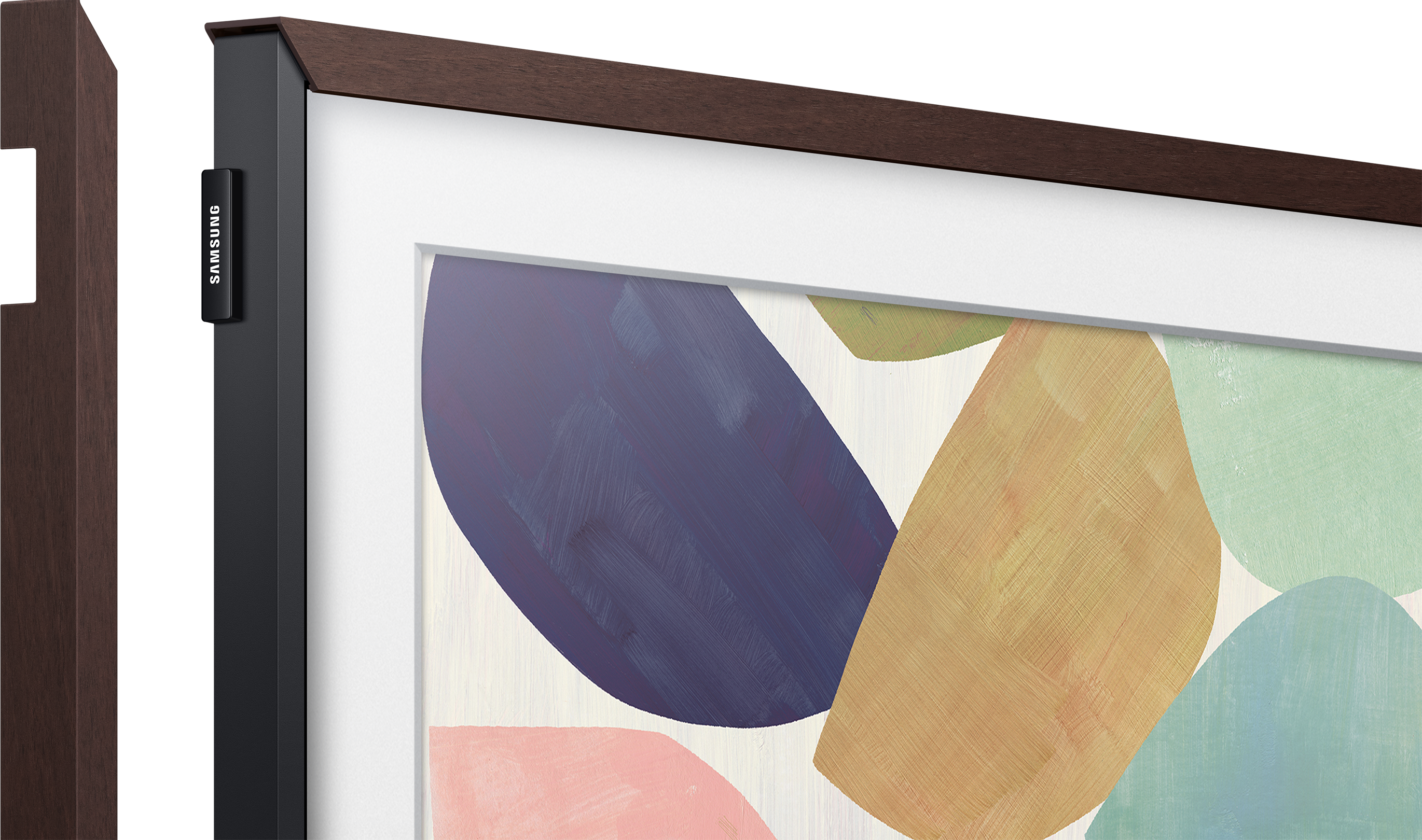 Nahaufnahme eines dunkel holzgerahmten Fernsehbildschirms. Der Bildschirm zeigt abstrakte Kunst mit bunten Formen.