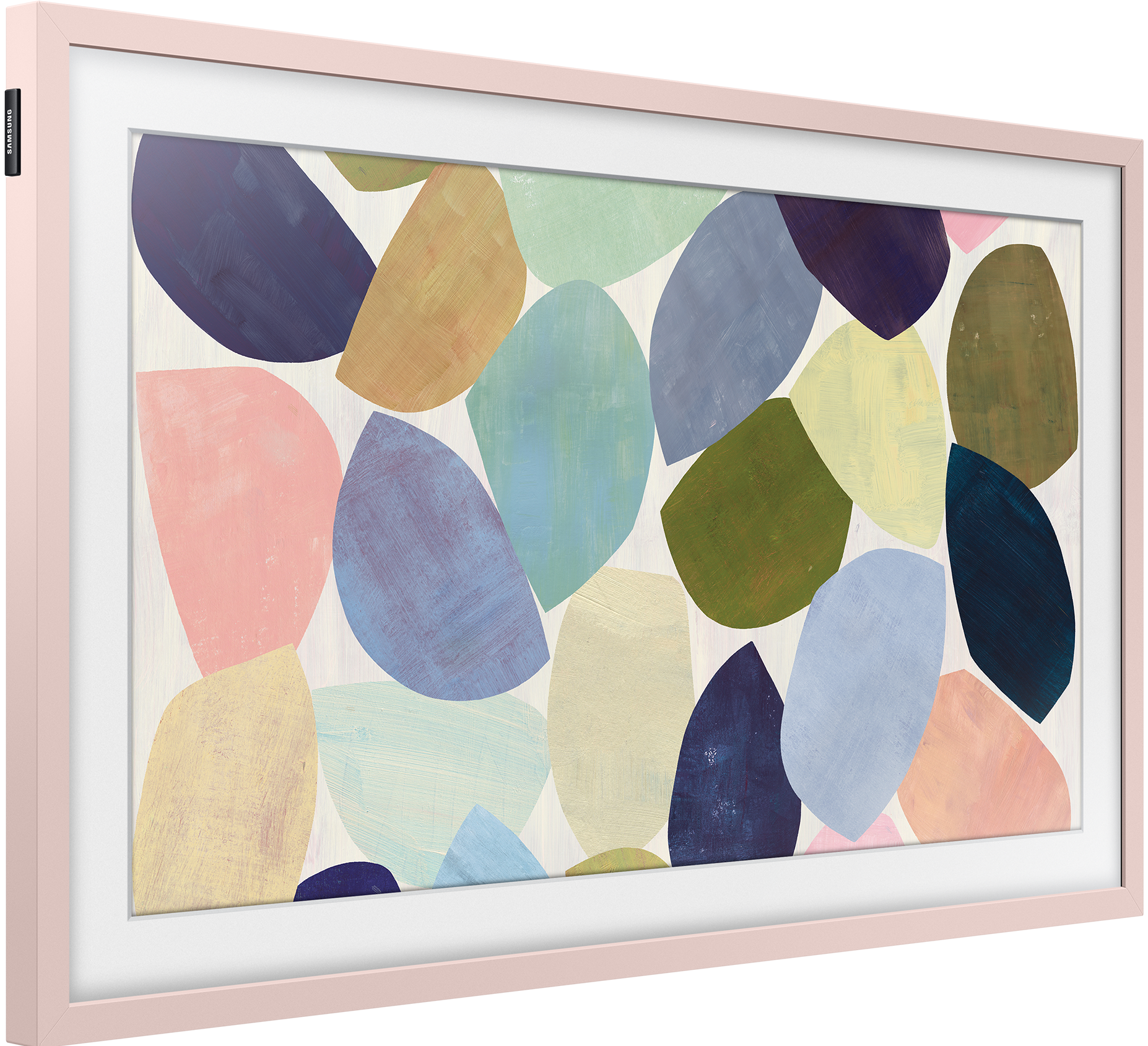 Ein rosa gerahmter Samsung Frame TV, der ein farbenfrohes abstraktes Kunstwerk aus Formen zeigt.