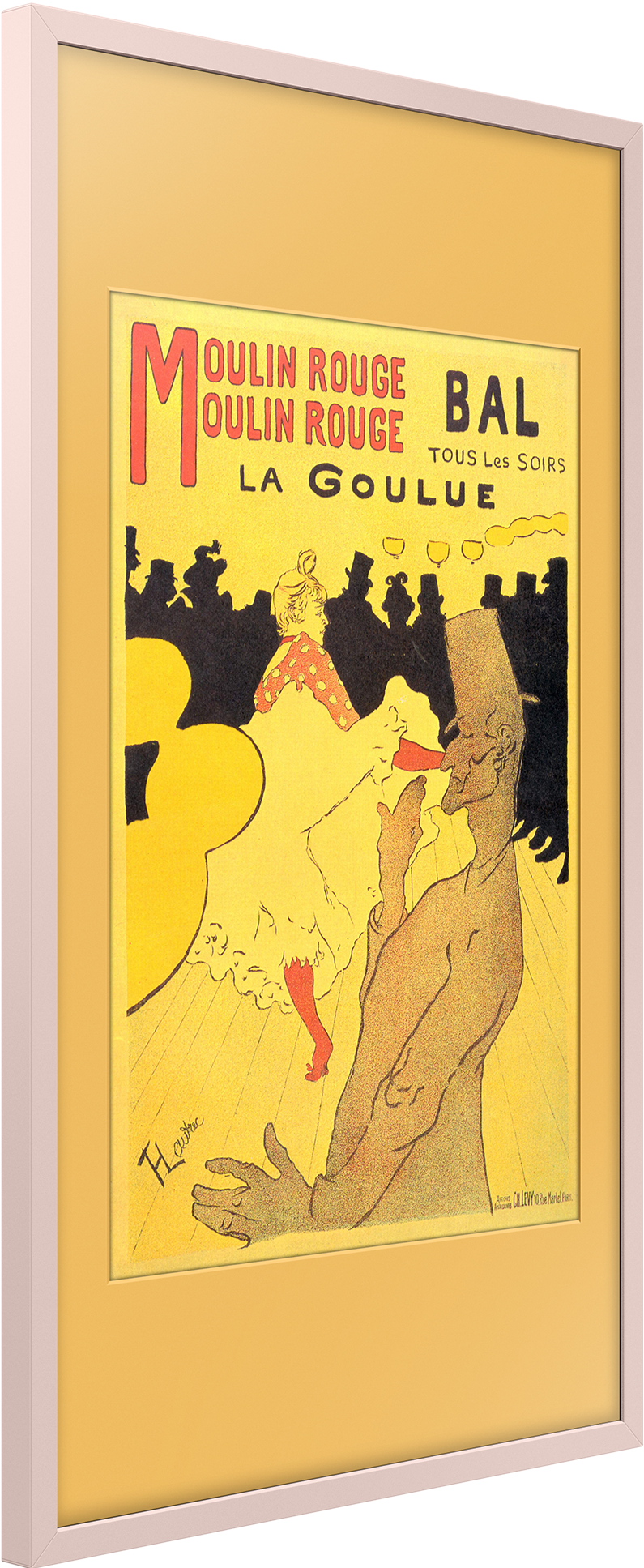 Gerahmtes Kunstwerk des Moulin Rouge-Plakats, das Tänzer und Text zeigt.