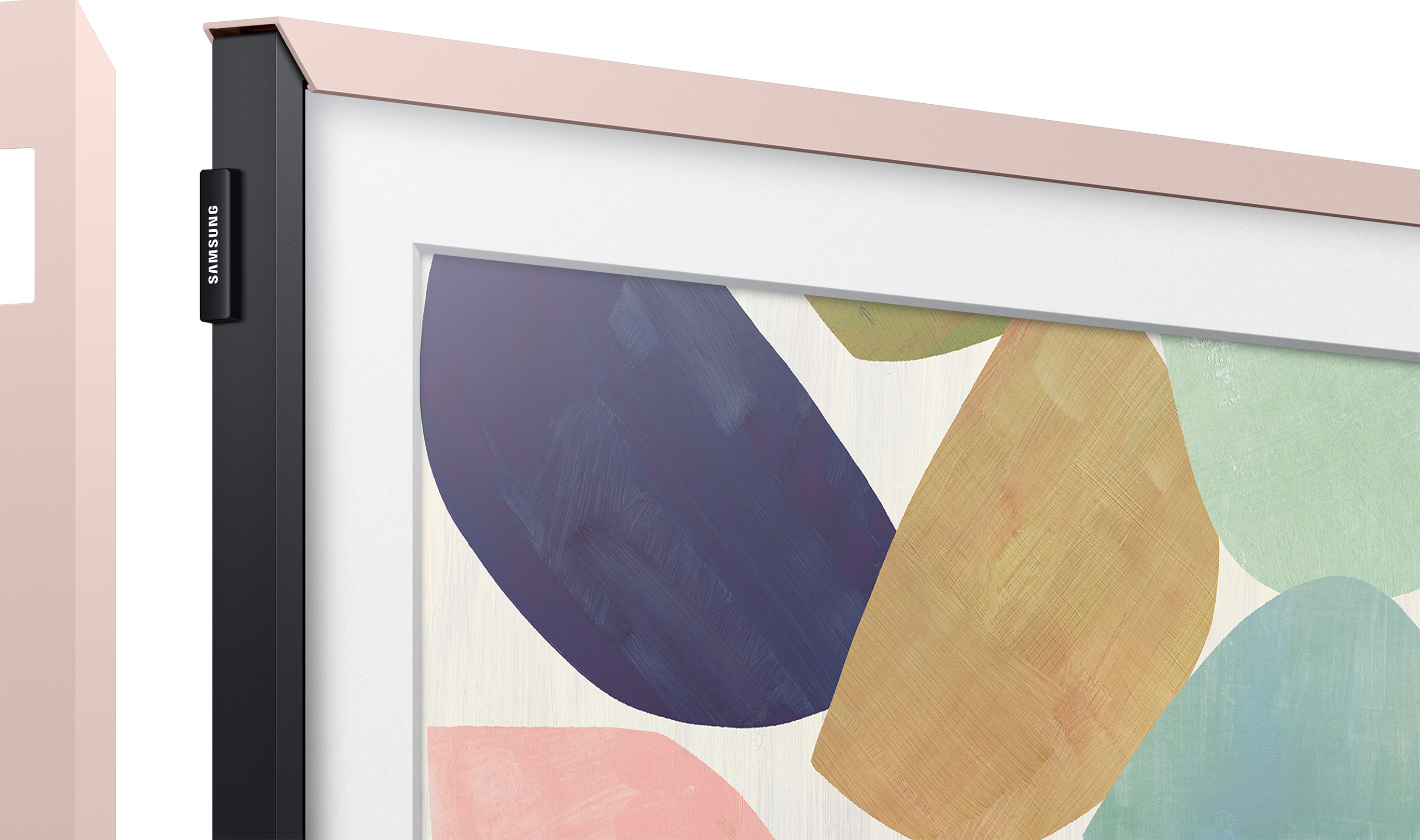 TV-Rahmen mit Kunstwerk. Der Rahmen ist rosa. Das Kunstwerk besteht aus bunten Formen auf weißem Grund.