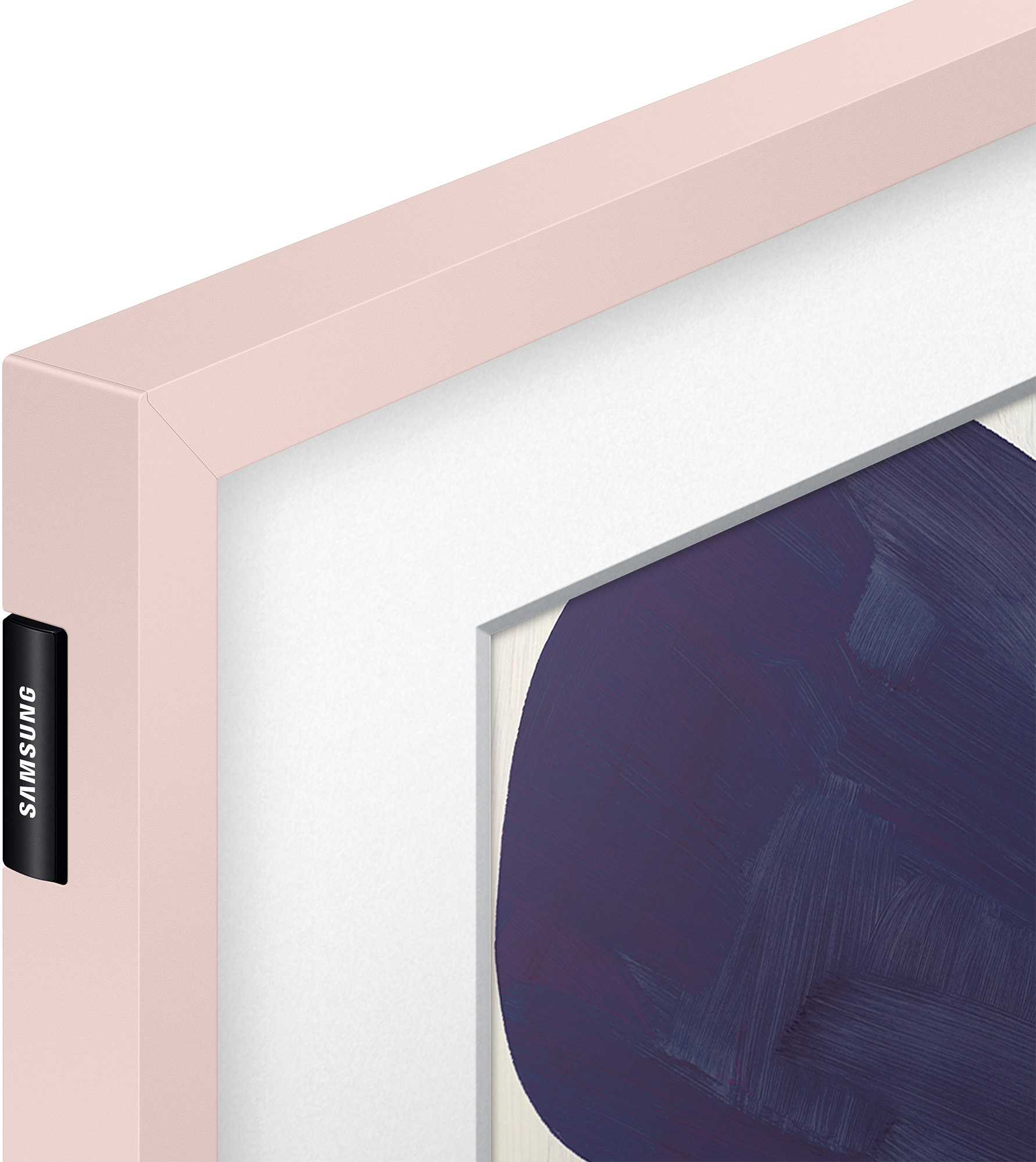 Nahaufnahme eines gerahmten Kunstwerks. Der Rahmen ist rosa, die Kunst hat blaue und weiße Pinselstriche.