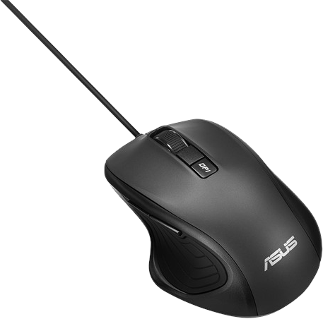 Egy fekete ASUS számítógépes egér, vezetékes kapcsolattal. Van egy görgetőkerék és egy DPI gomb. A háttér fehér.
