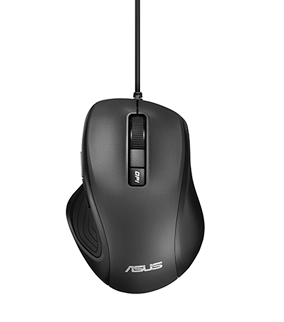 Fekete számítógépes egér görgetőkerékkel és az ASUS logóval.