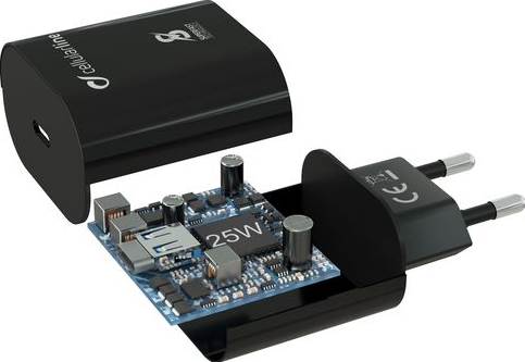 Chargeur de téléphone noir avec circuit imprimé exposé, 25W. Prise et nom de marque.