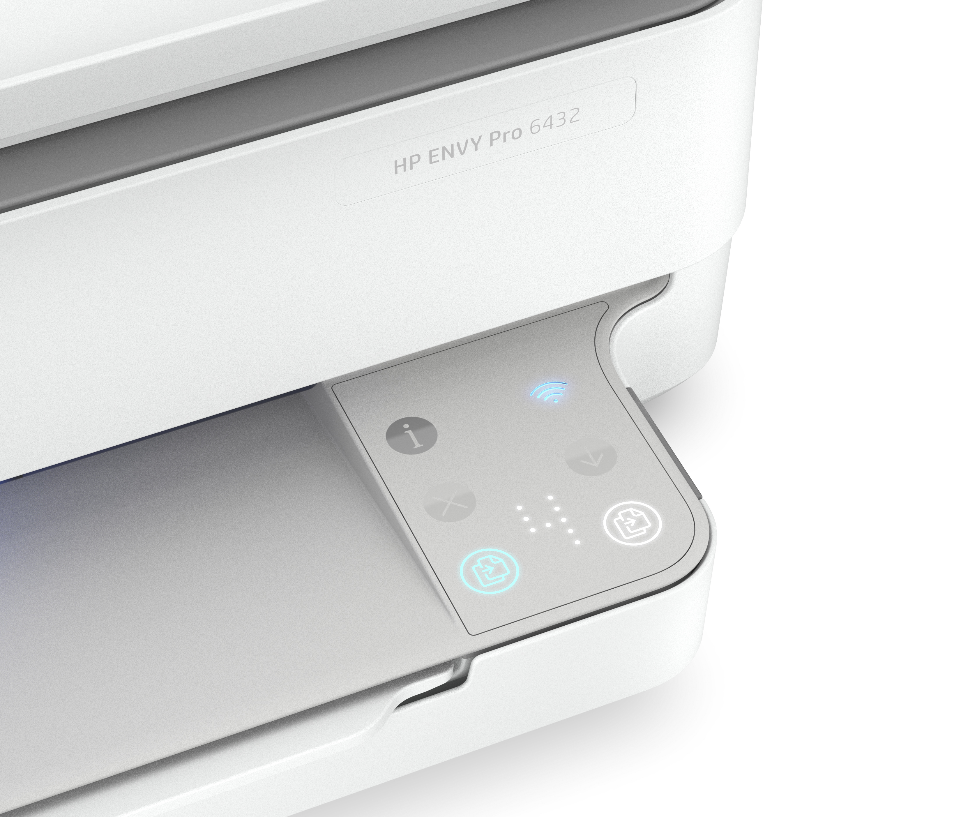 Nahaufnahme des Bedienfelds eines HP Envy Pro 6432 Druckers, weißes Gehäuse.