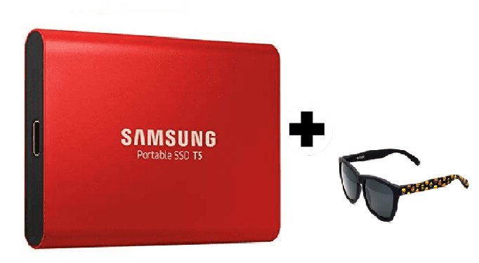 Disco duro SSD - Samsung T5 MU-PA1T0R + Gafas de sol, 1 TB, 2.5", USB C 3.1 Gen 2, 540 MB/s, Rojo