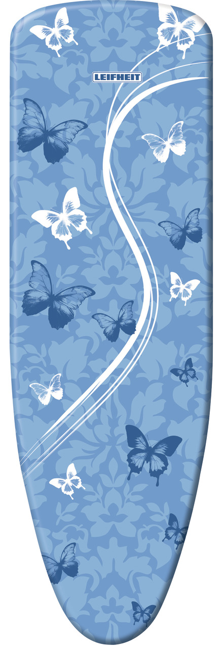 Ein Bügelbrett mit blauem Schmetterlingsmuster. Das Brett ist blau mit weißen Schmetterlingen und einem weißen Wirbeldesign.