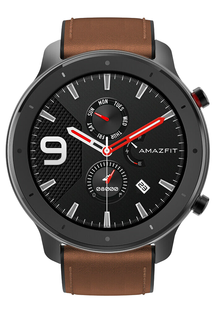 Fekete Amazfit okosóra barna bőrszíjjal. Az óralap számokat, időt és napjelzőket mutat.