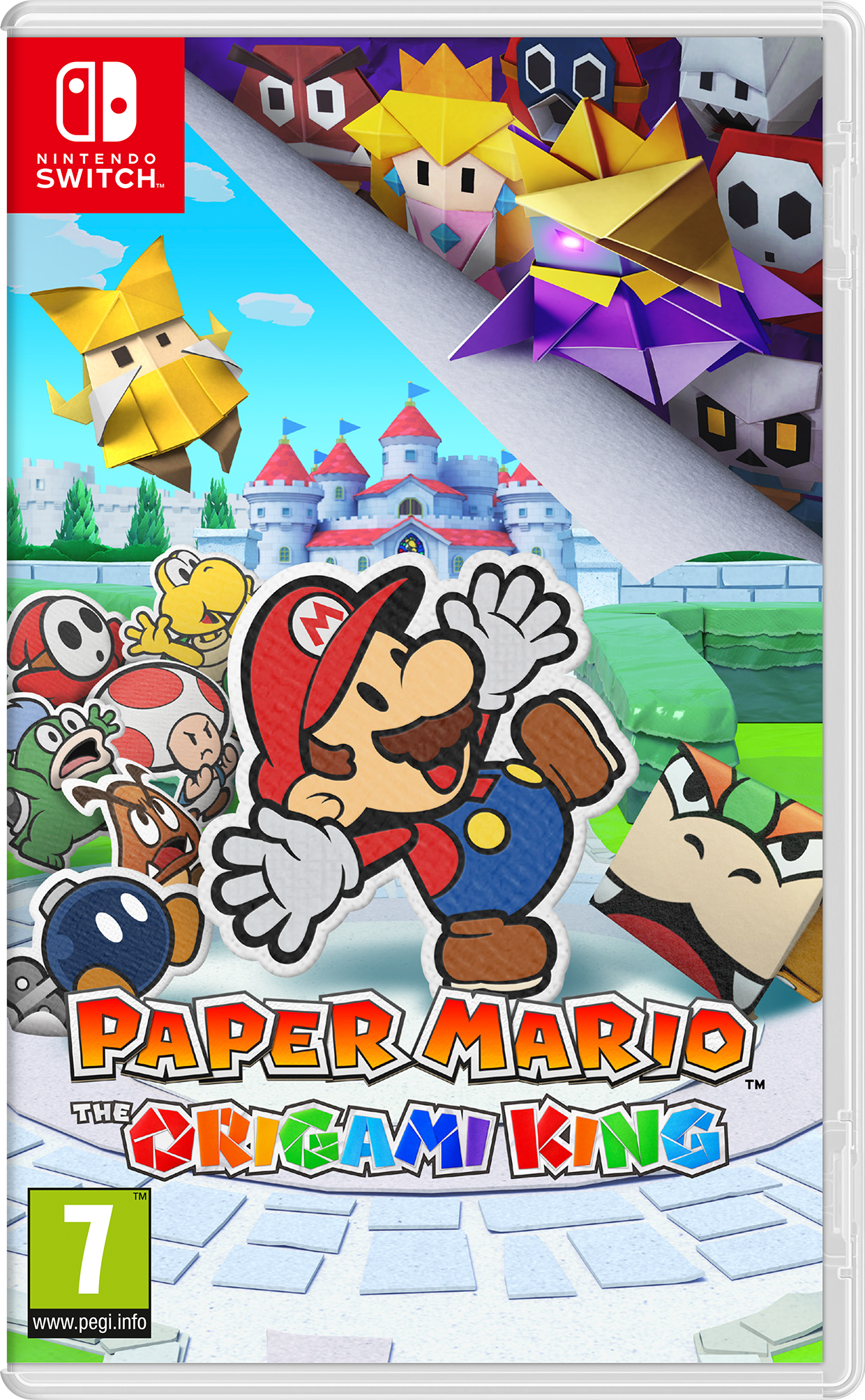 Nintendo Switch Spielhülle. Mario springt, mit Origami-Figuren. Titel: Paper Mario: The Origami King.