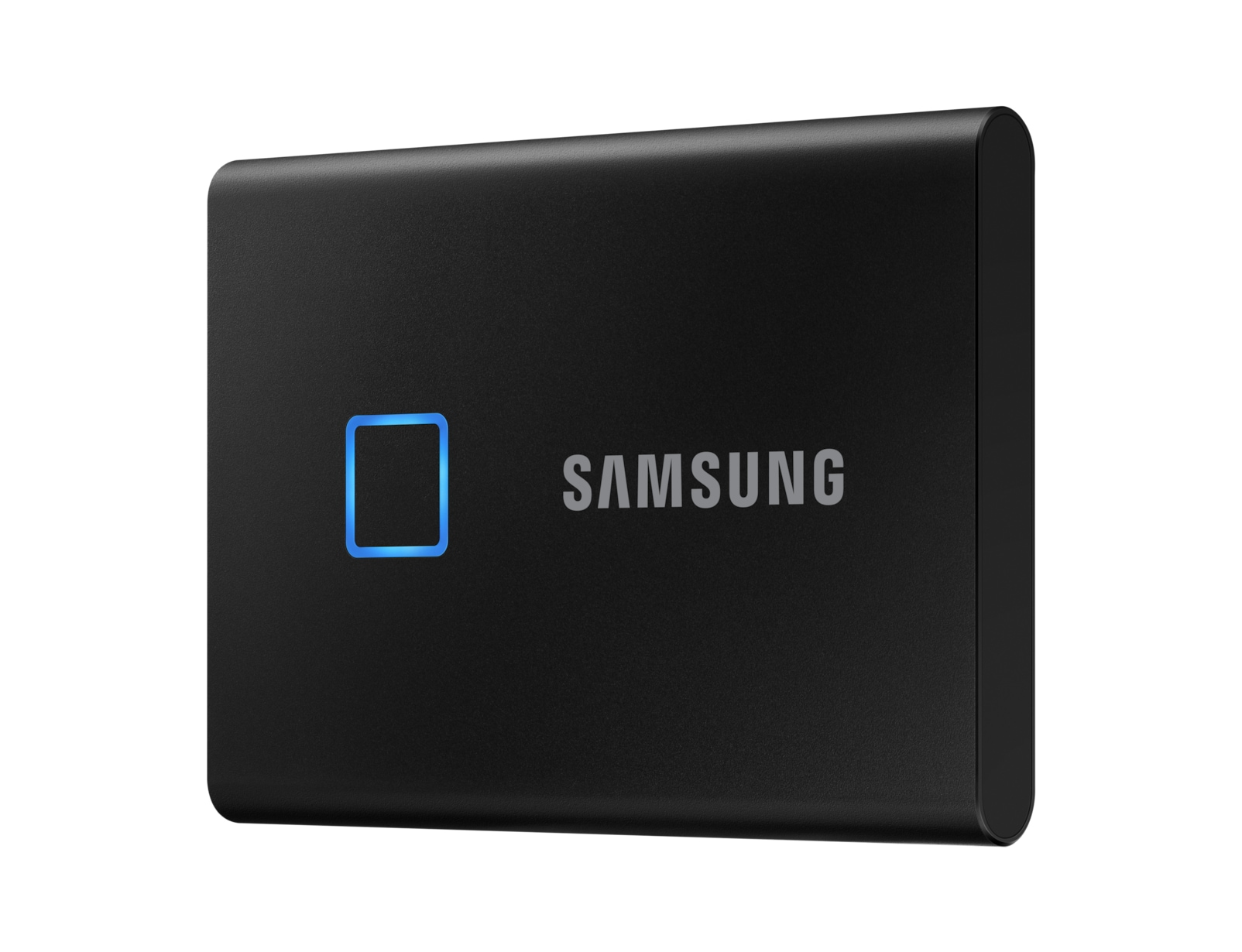 SSD externa Samsung negra con luz cuadrada azul sobre fondo blanco.