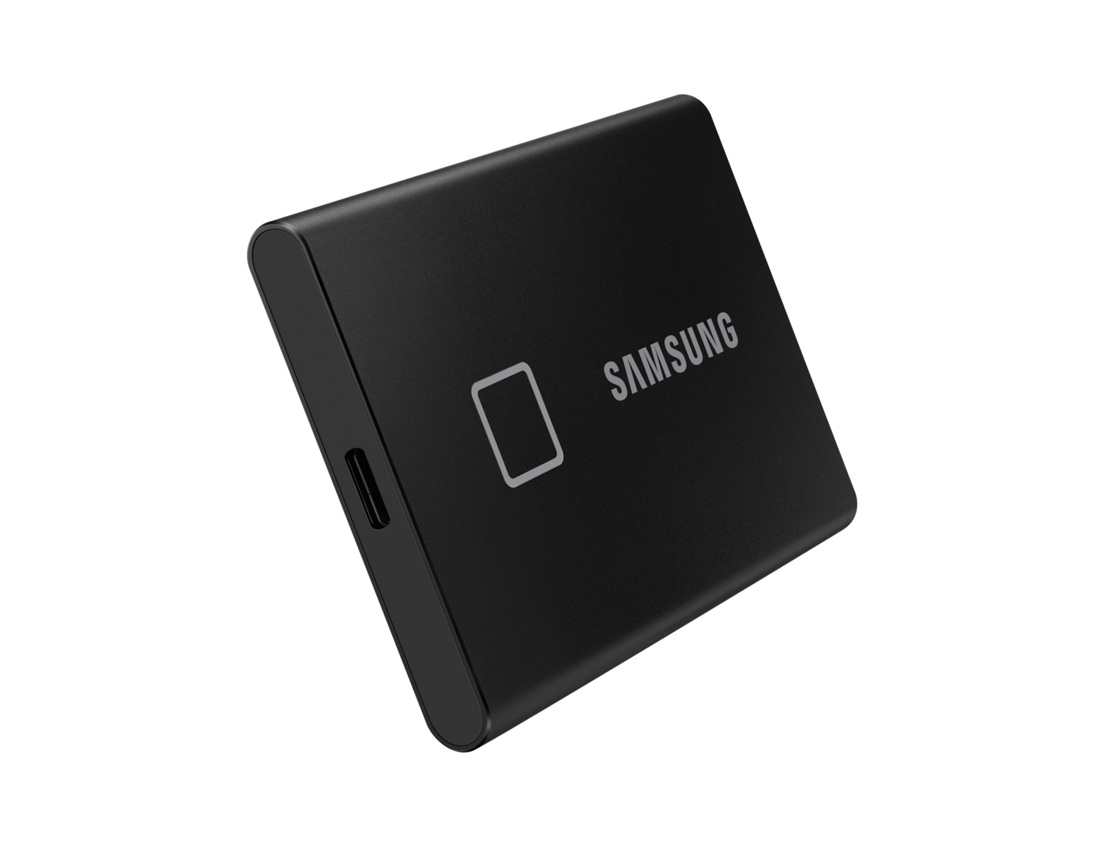 SSD externa Samsung negra, lector de huellas dactilares cuadrado, fondo blanco.