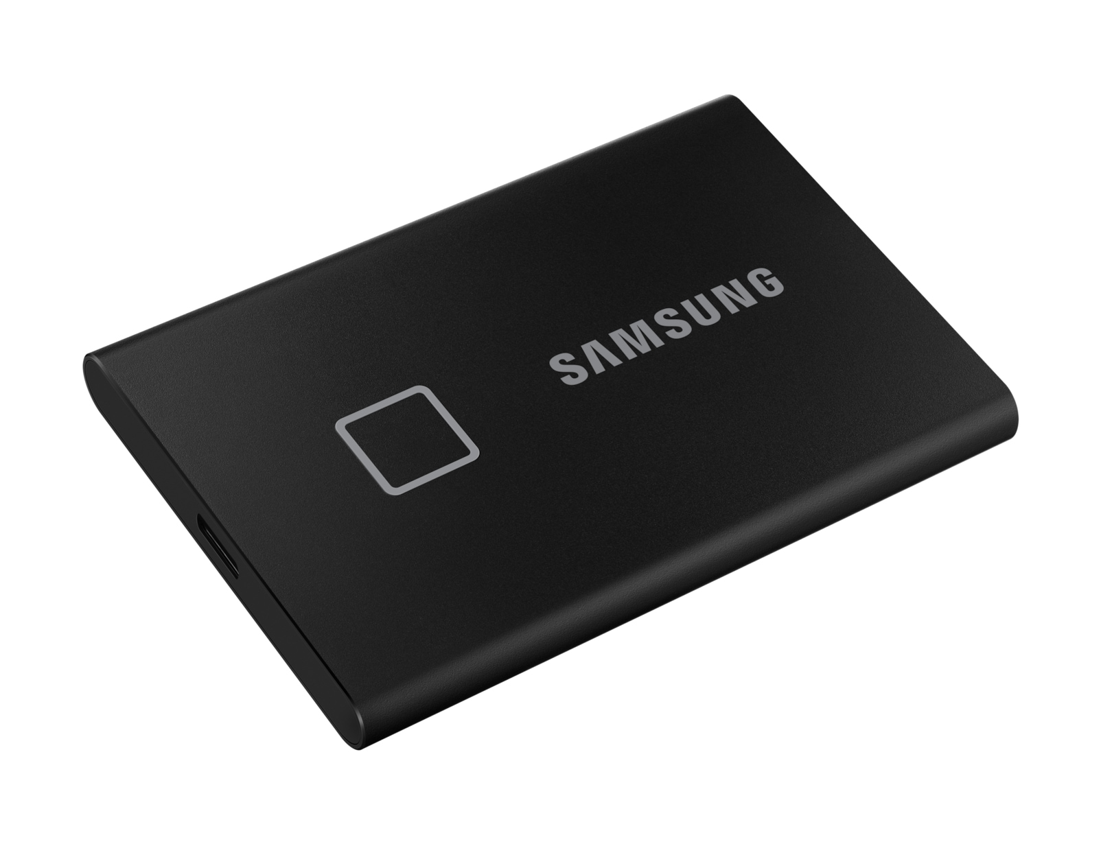 Un SSD portátil Samsung negro con un lector de huellas dactilares.