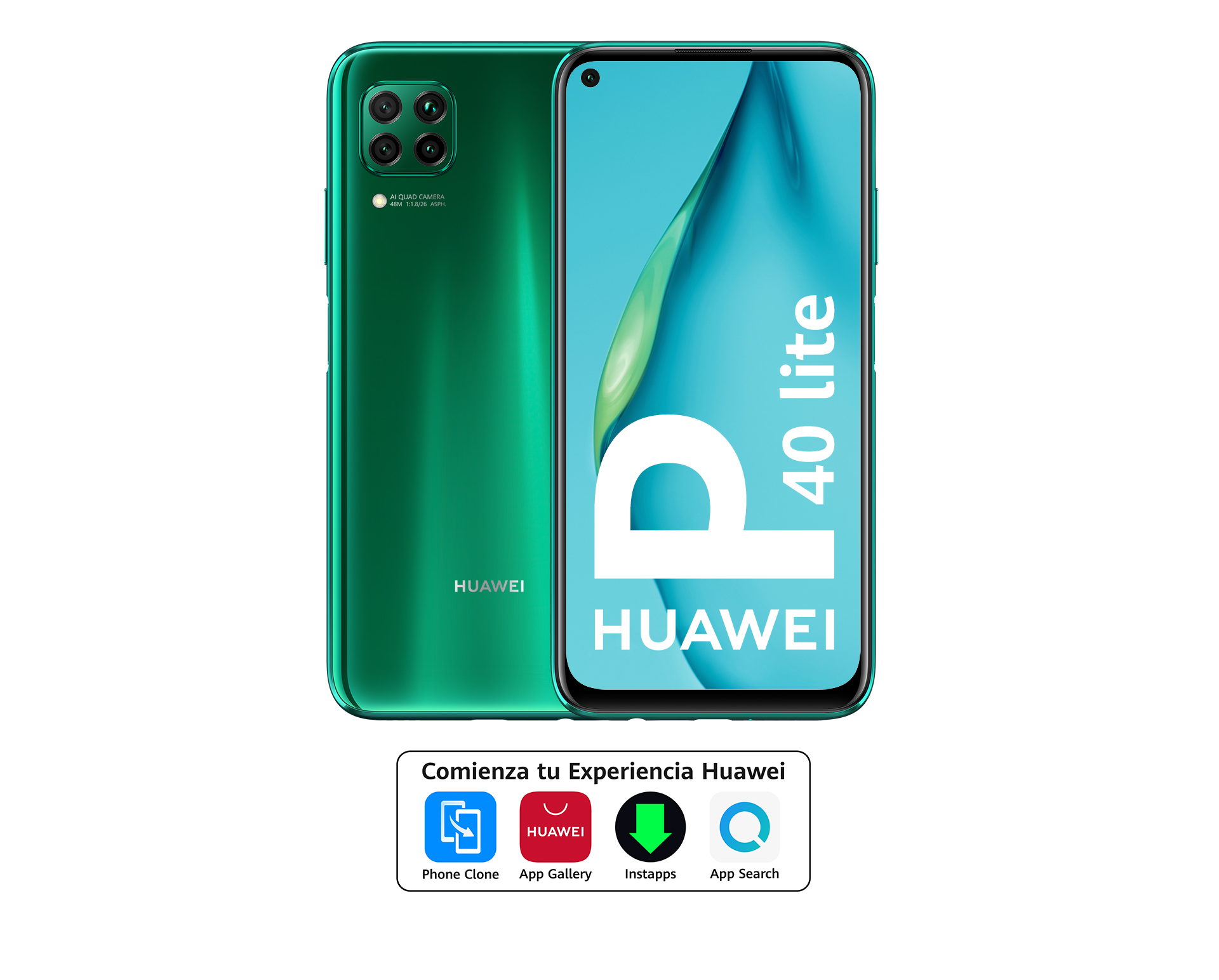 Teléfono Huawei P40 Lite verde con vistas trasera y frontal, e iconos.
