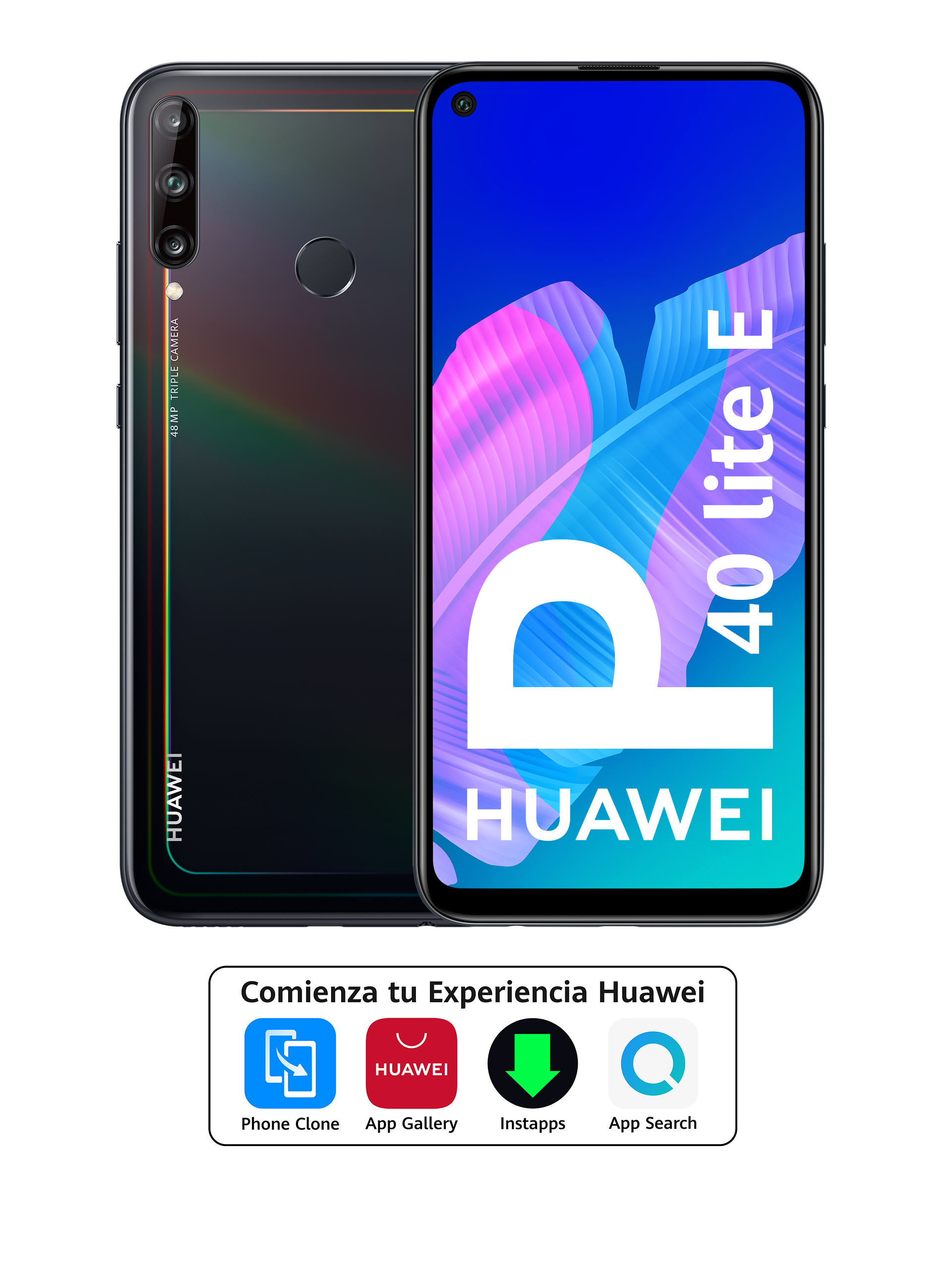 Un teléfono Huawei P40 lite E, frontal y posterior, con iconos debajo, sobre fondo blanco.