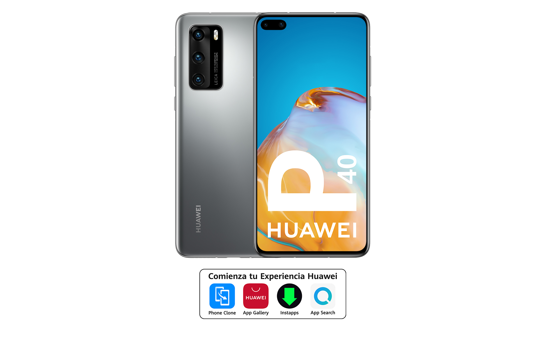 Teléfono Huawei P40 plateado. Vista frontal y trasera. Tres cámaras traseras y pantalla frontal.