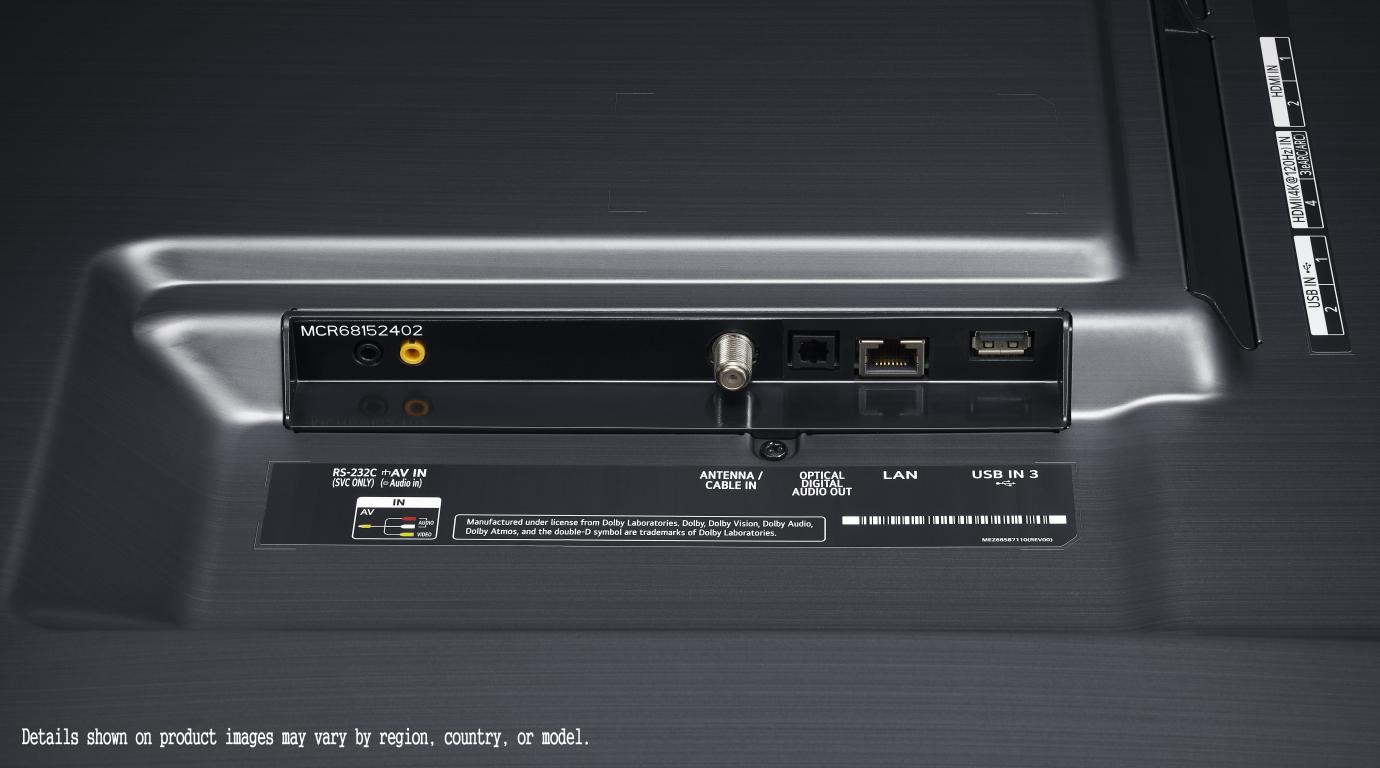 La parte trasera de un televisor LG OLED. Son visibles los puertos para antena, LAN, USB y HDMI.