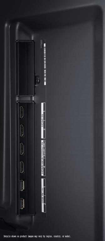 Primer plano de panel trasero de TV con puertos HDMI, USB. Esquema de color negro y gris.