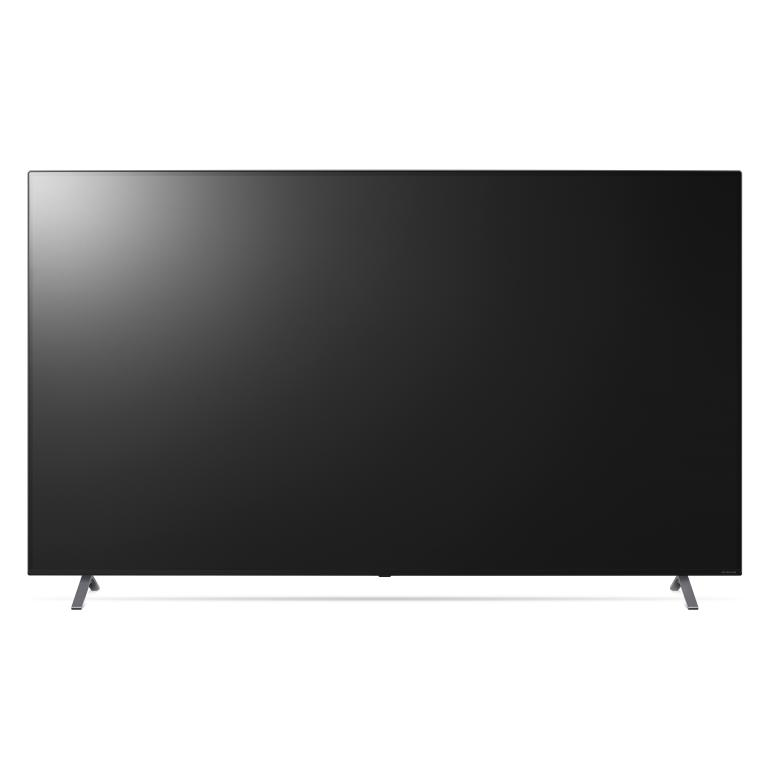Televisor negro grande en un soporte, pantalla apagada.
