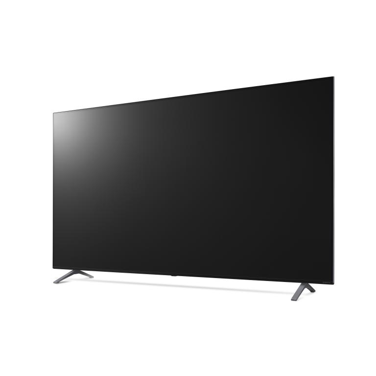 Un televisor LG negro grande sobre un fondo blanco con patas plateadas.
