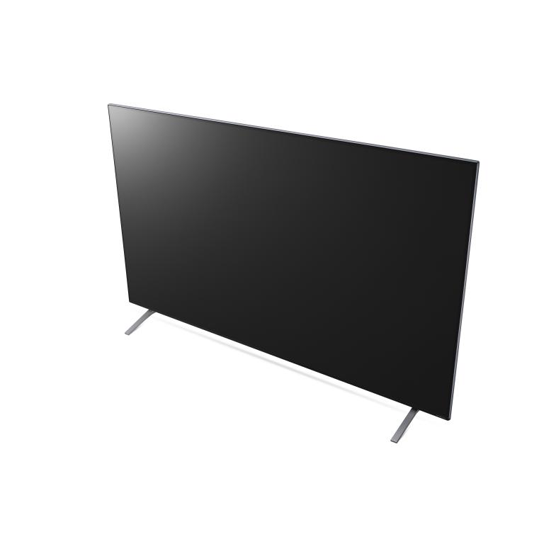 Un televisor LG negro grande sobre un fondo blanco. Está apagado.