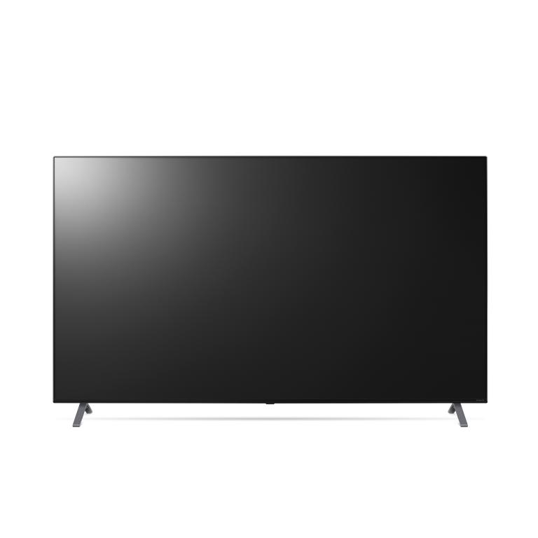 Televisor de pantalla plana negro, grande, con patas plateadas delgadas.