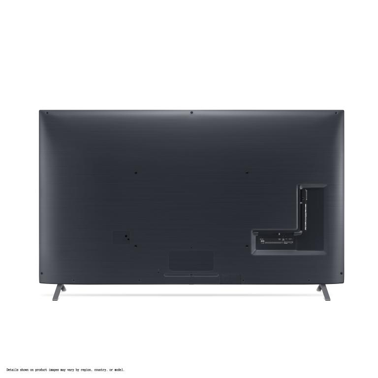 La parte trasera de un televisor LG negro grande sobre un fondo blanco.