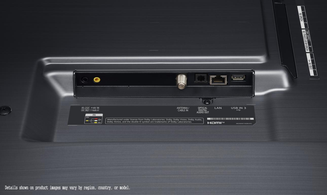 Panel trasero de un televisor negro. Tiene múltiples puertos, incluyendo HDMI y LAN.