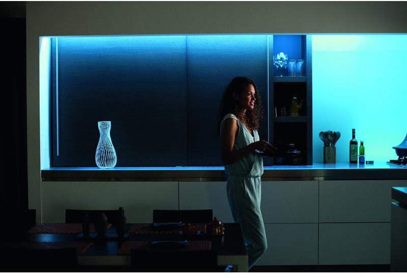 Una donna in cucina. Tiene un vassoio. Lo sfondo ha luci e un tavolo.