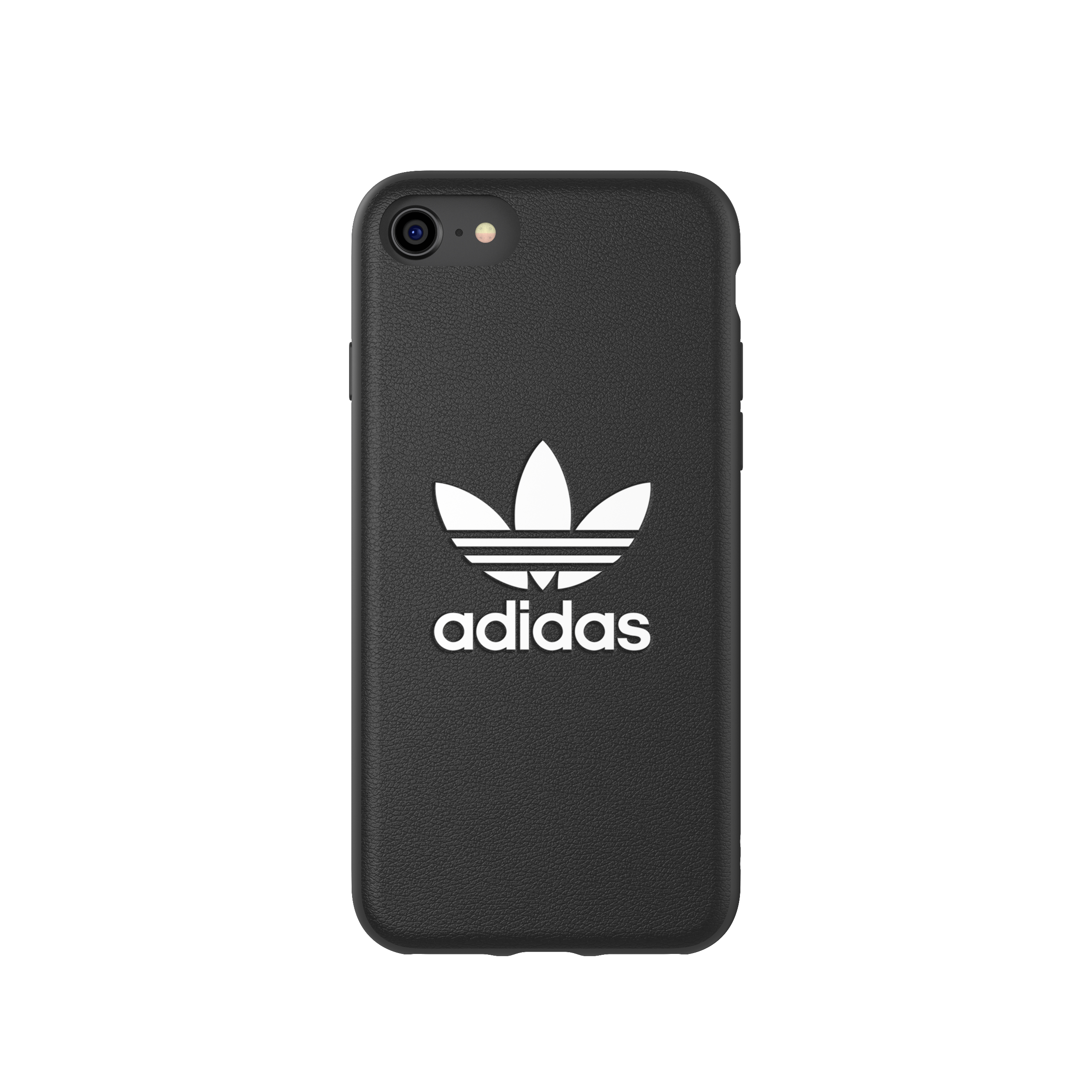 Schwarze Handyhülle mit Adidas-Logo. Das Adidas-Logo ist weiß auf dem Case. Schwarzer Hintergrund.