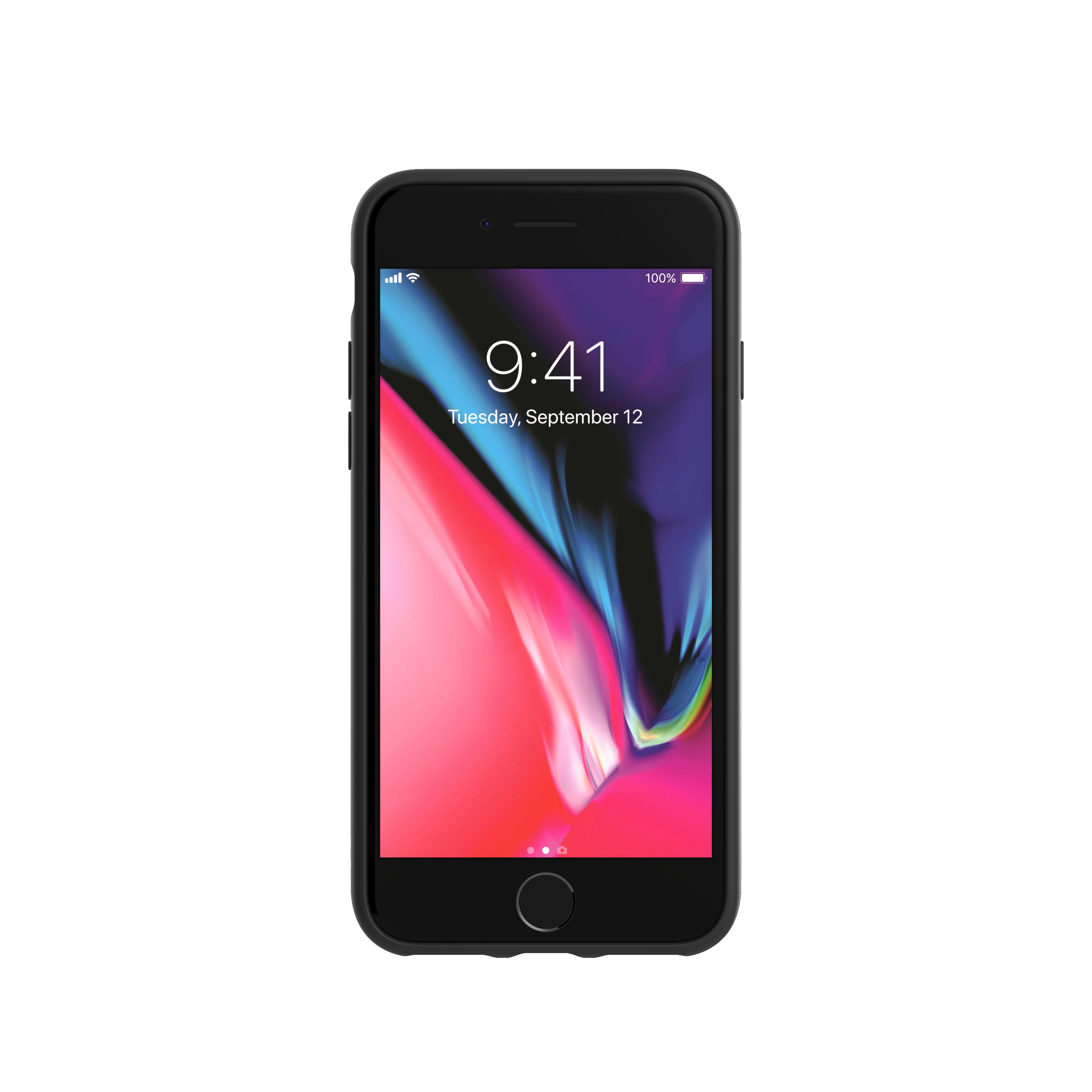 Schwarzes iPhone mit Bildschirm, der Zeit und Batterie anzeigt.