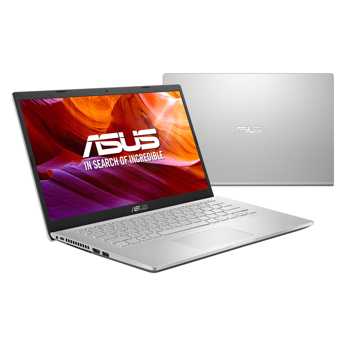 Un portátil plateado con el logotipo de ASUS sobre un fondo blanco.