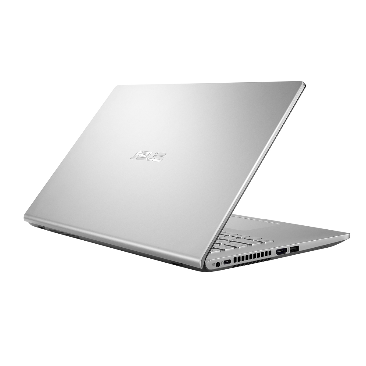Un portátil plateado con el logotipo de Asus en la parte trasera, abierto sobre un fondo blanco.