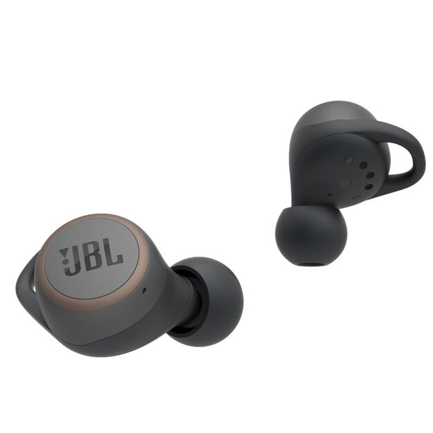 Dos auriculares inalámbricos JBL grises, uno con el logotipo de JBL.