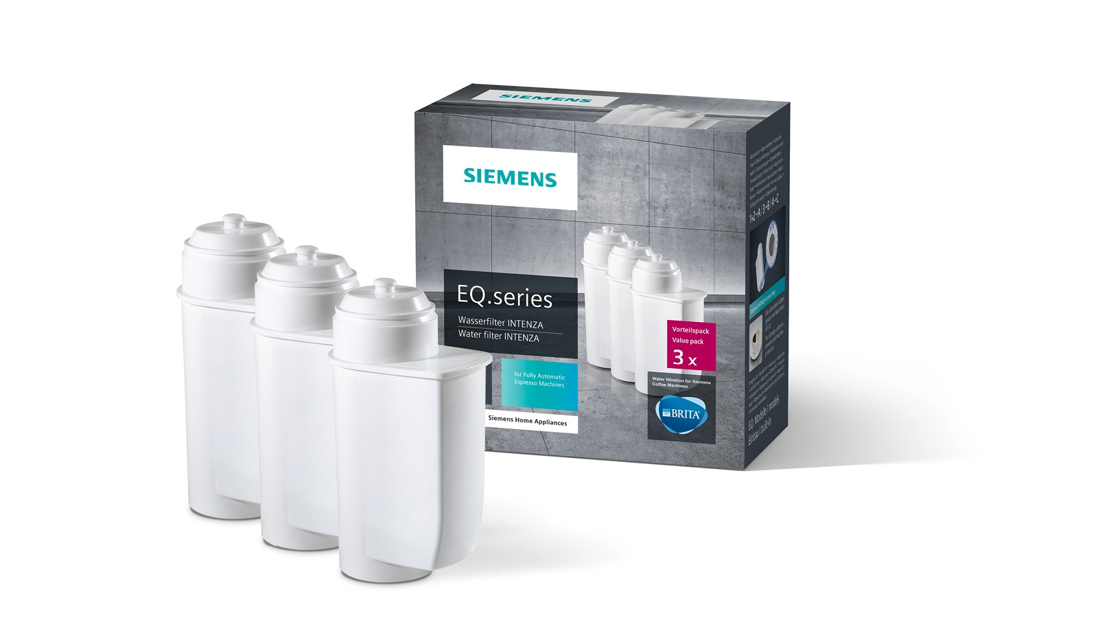 Eine Schachtel mit Siemens Wasserfilterpatronen neben drei weißen Patronen auf weißer Oberfläche.