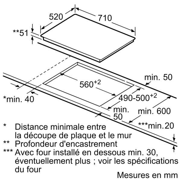 Schéma d'une table de cuisson avec dimensions en millimètres, avec texte en français.