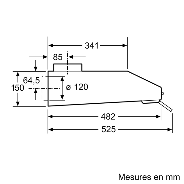 Een technische tekening met afmetingen in millimeters van een apparaat.