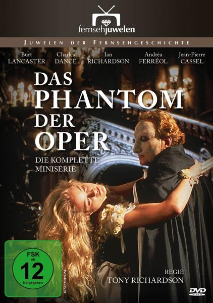 DVD-Cover für 'Das Phantom der Oper'. Ein Mann mit Maske hält eine Frau in einem Theater.