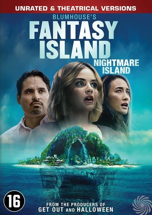 Movie poster for 'Fantasy Island'. Features actors and an island background.