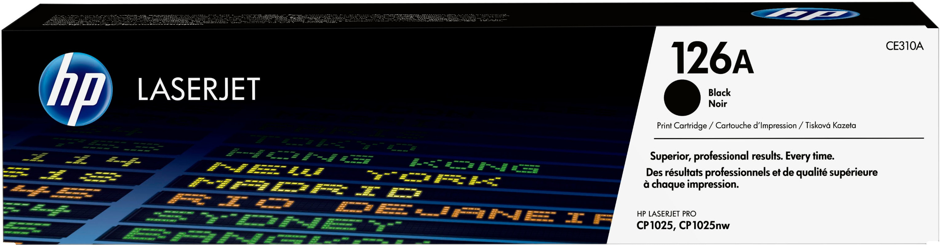 Cartouche de toner noir HP LaserJet 126A avec texte : Résultats supérieurs et professionnels. À chaque fois.